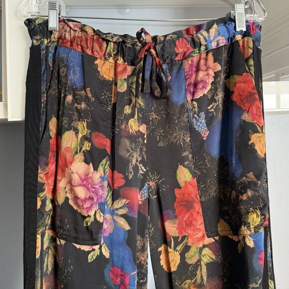 Johnny Was Black w/ Multicolor Floral Printed Silk Drawstring Pants Size S - Picture 2 of 7